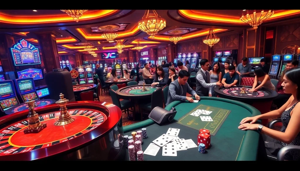 Excited gamblers enjoying the luxurious atmosphere of UU88C.CASINO with vibrant slot machines and poker tables.