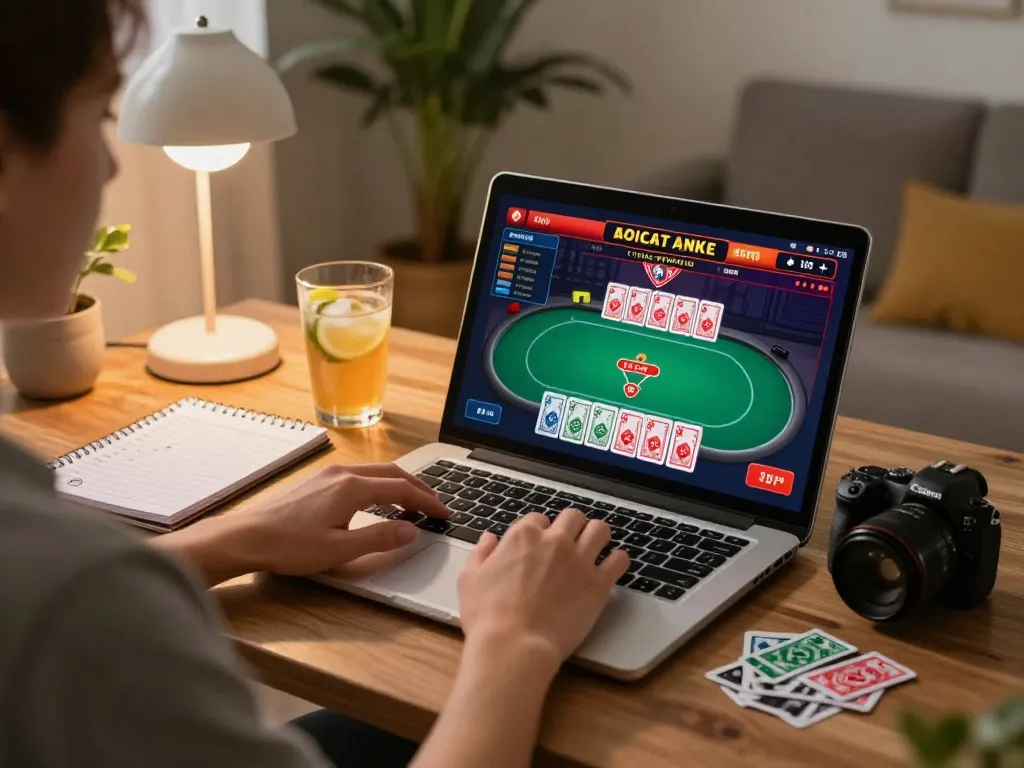 Engaged player enjoying 5699 online casino game at home with laptop and strategies.