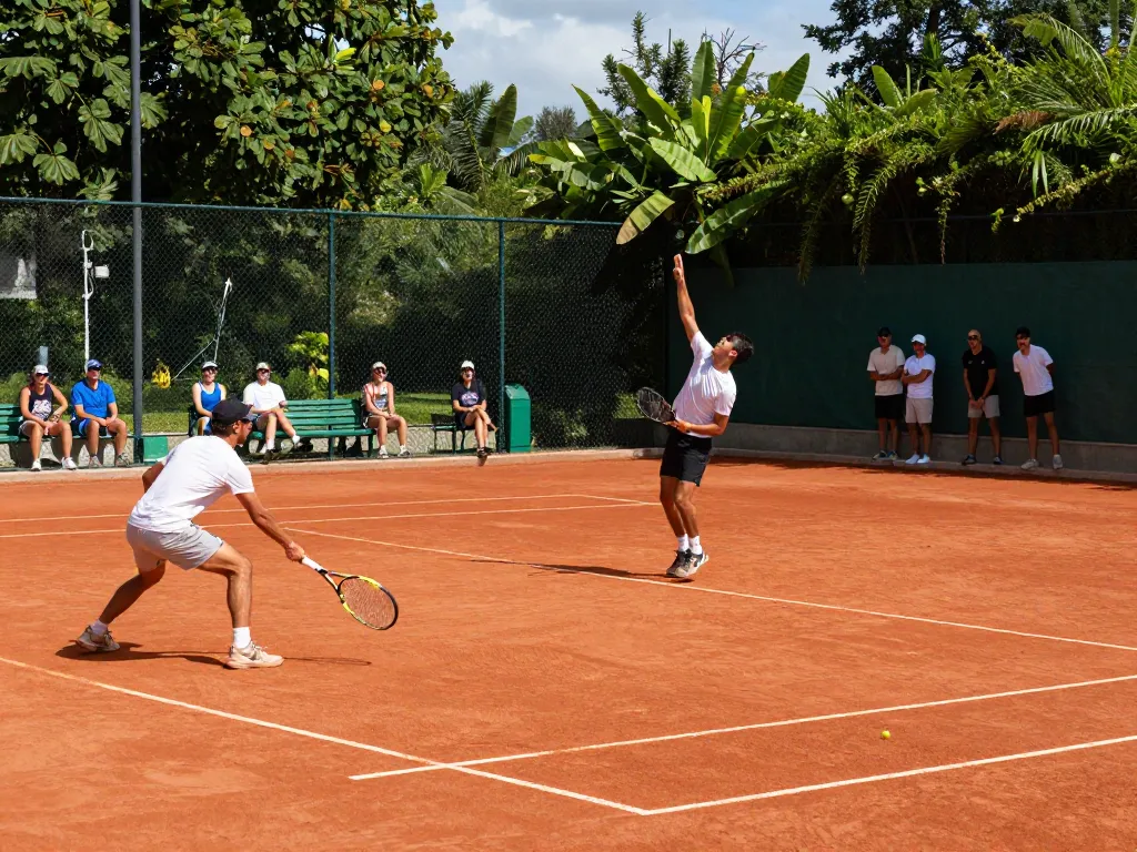 Players enjoying a competitive match on a Hybrid Clay tennis court, showcasing its authentic clay-like experience with vibrant red surface.