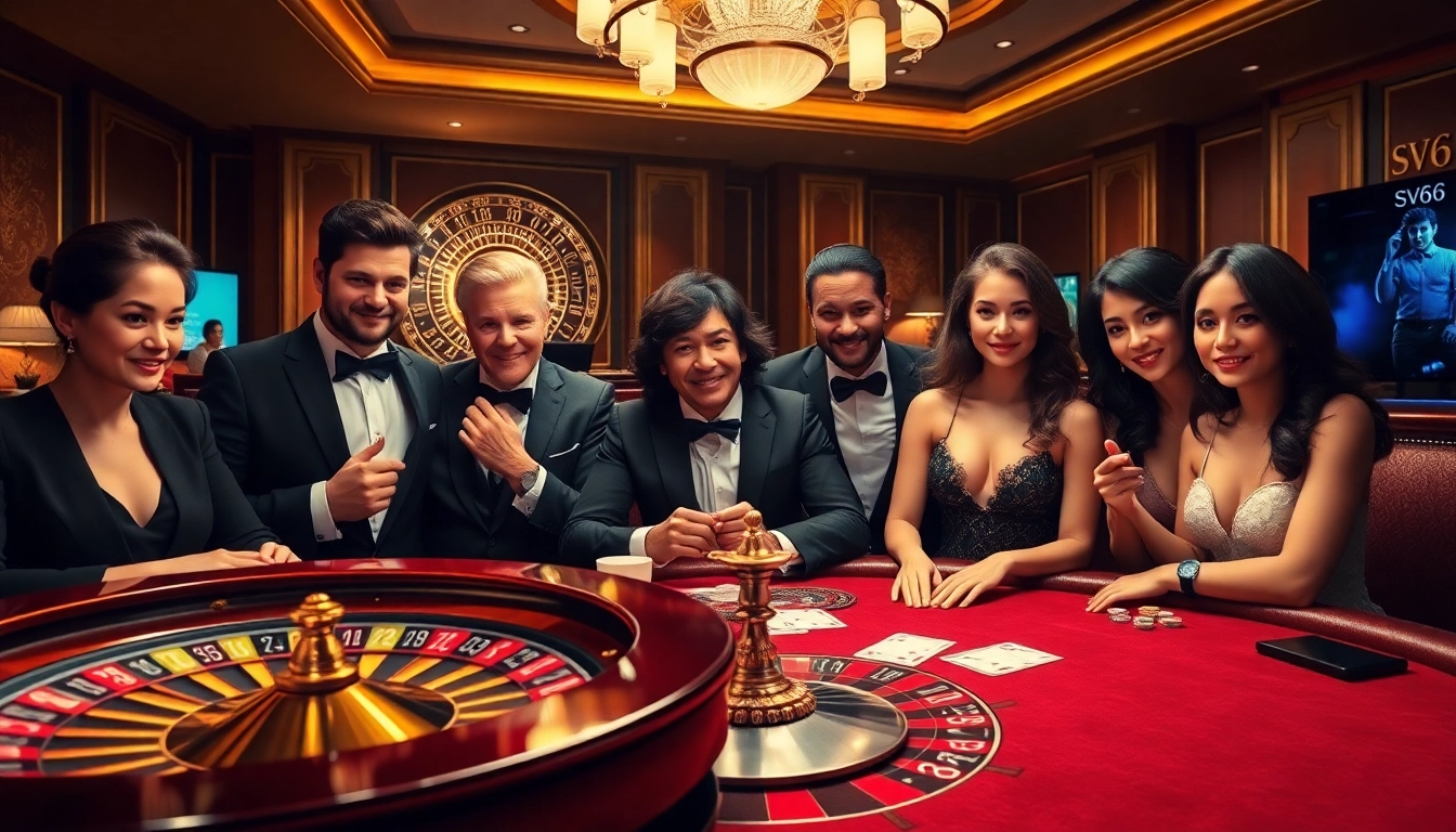 Experience the thrill of SV66 at an upscale casino with a poker table and roulette wheel.