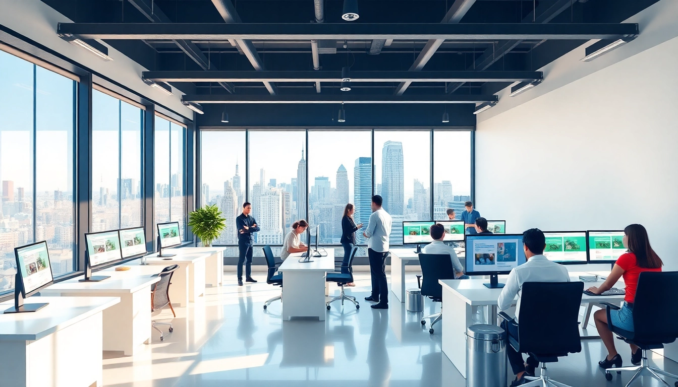 Professional team collaborating in a sleek NYC web design company office.