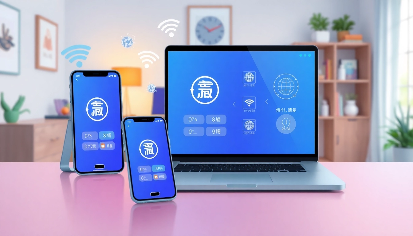 快连下载应用界面在现代家庭办公室的多台设备上显示，突出全球连接性与速度。