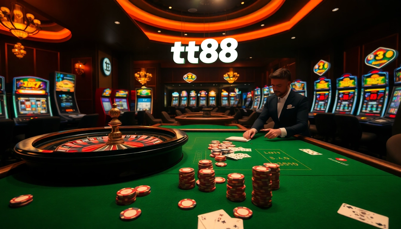 Gambling scene at tt88 casino with poker chips, roulette, and an upscale player strategy.