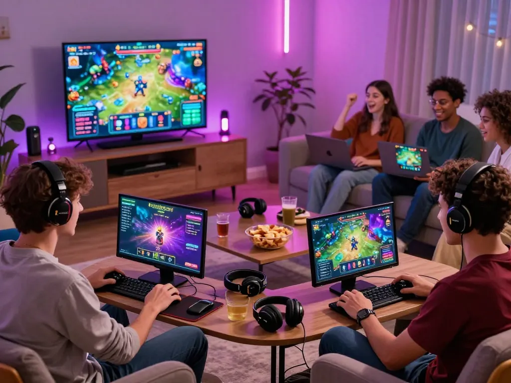 Excited players enjoying the sun win online gaming experience in a vibrant living room.