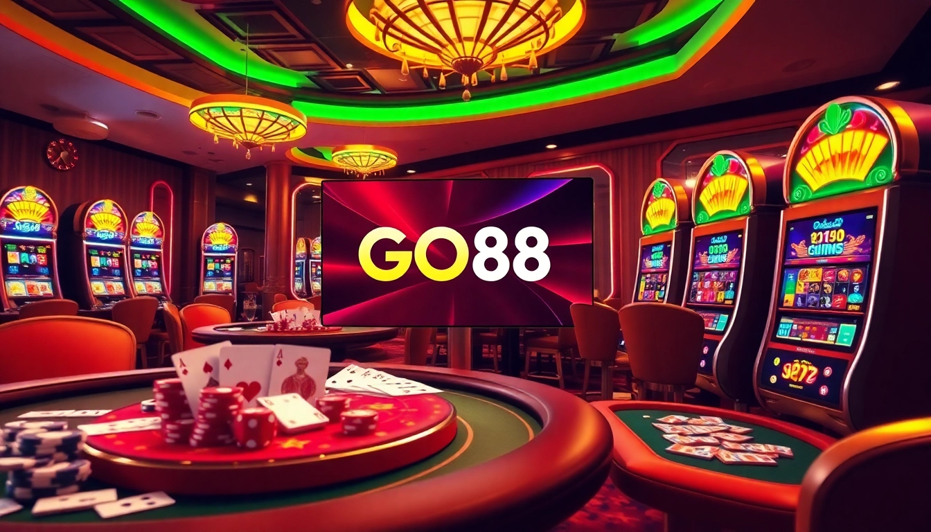 Experience the thrill of GO88 with a vibrant casino scene featuring tables, slots, and chips.