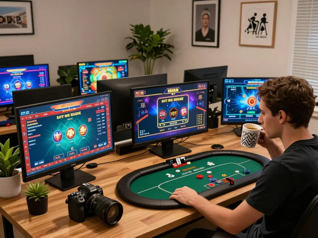 Engaging home gaming scene featuring ww88 online poker gameplay on screen and a focused player.