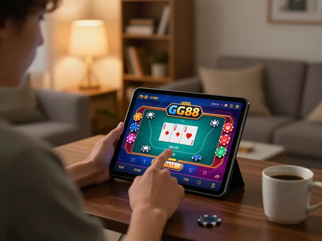 Engaging in GG88 poker online on a tablet in a relaxed home setting, showcasing responsible gaming.