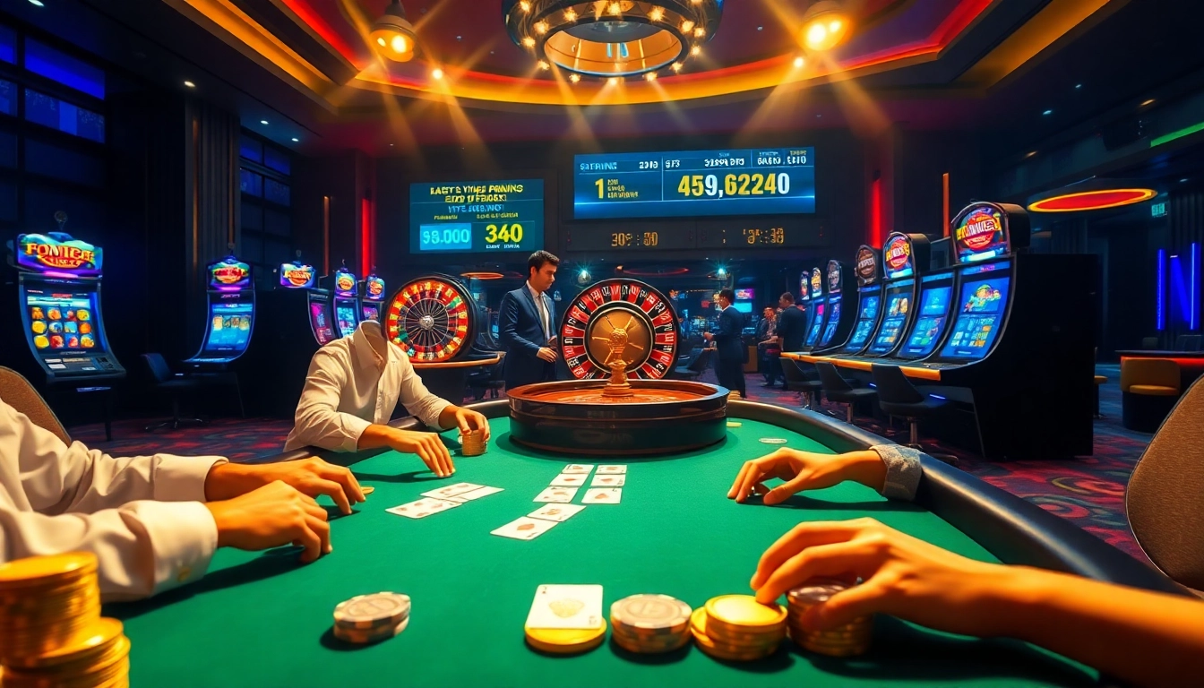 Players enjoying poker at a luxurious casino influenced by https://fun88.vet/, showcasing casino excitement and engagement.