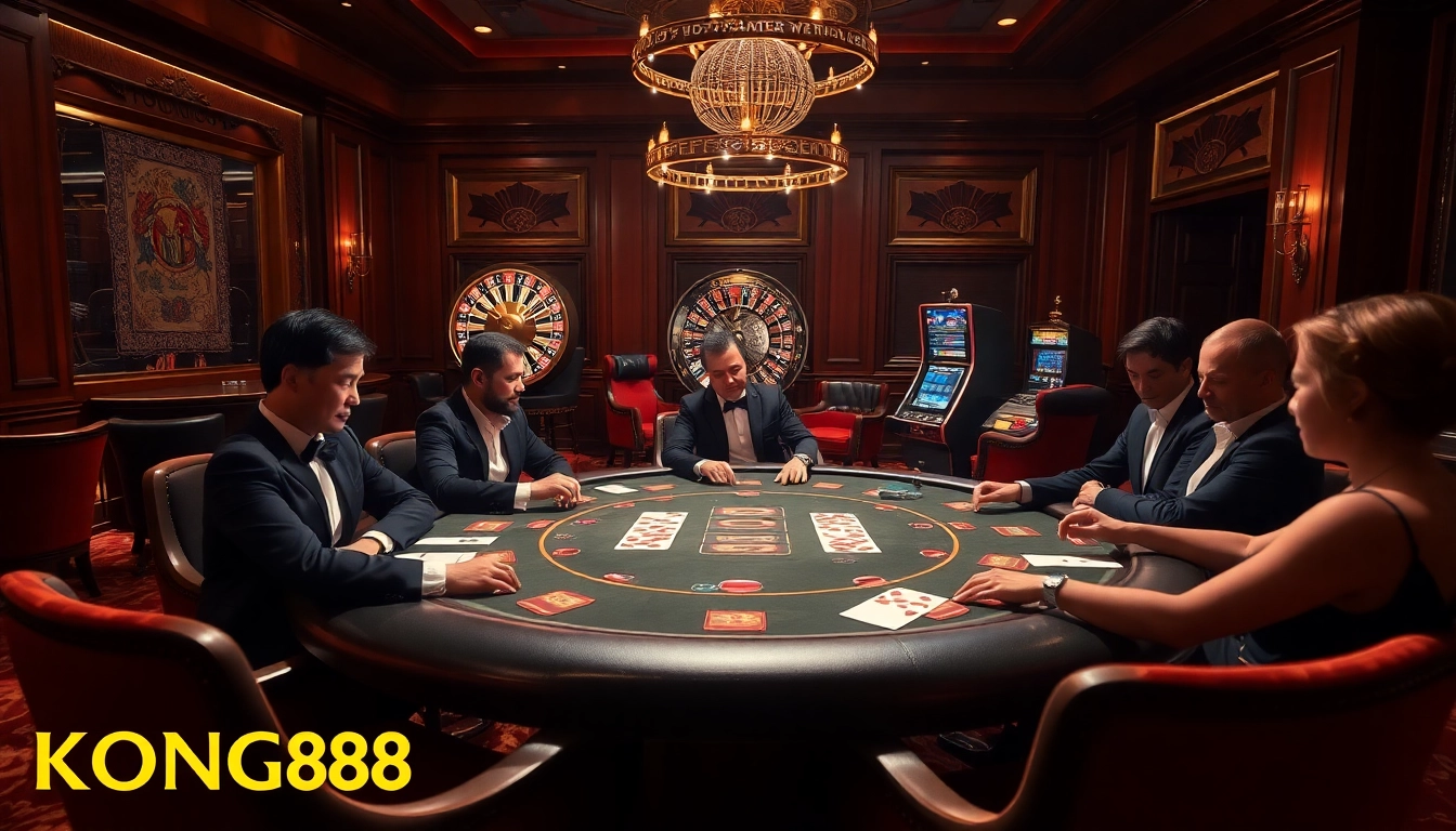 KONG88 players engaging at a luxurious poker table, surrounded by vibrant casino elements.
