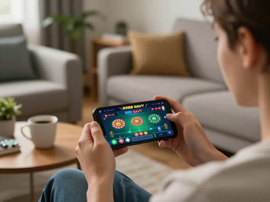 Engaging gameplay on the RR88 NAVY casino app, showcasing dynamic roulette action and relaxed home atmosphere