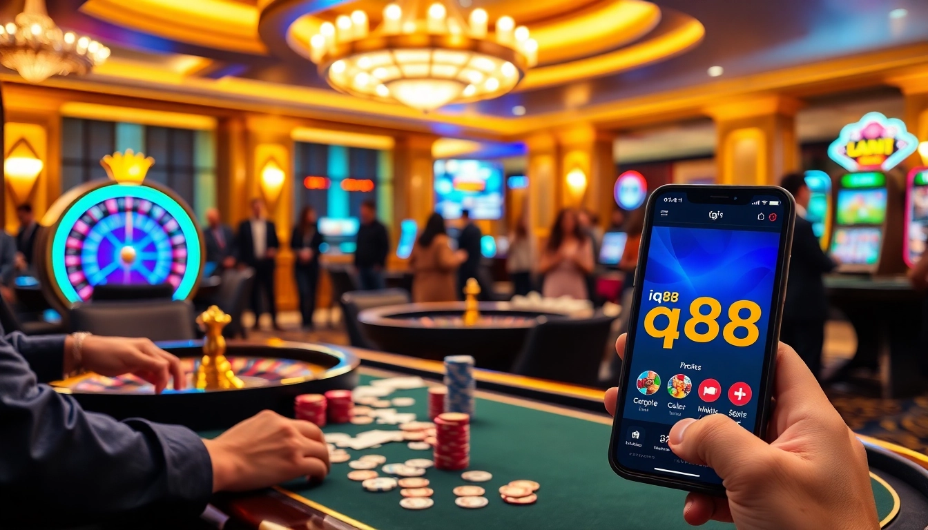 Experience thrilling gameplay at iq88 with vibrant casino tables, poker chips, and excited players.
