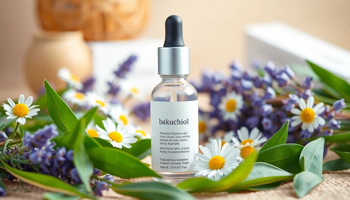 bakuchiol serum surrounded by fresh botanicals for a calming skincare vibe