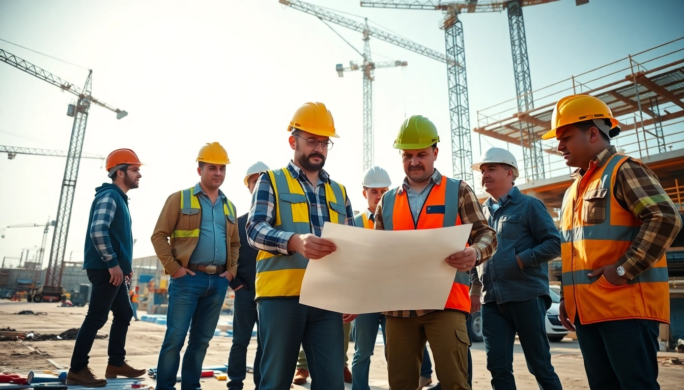 Construction career teamwork scene with diverse workers planning on-site.
