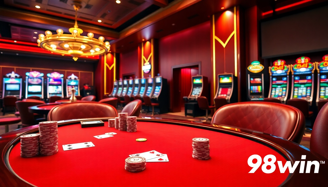 98win players enjoying a thrilling casino experience with poker chips, cards, and roulette wheels.