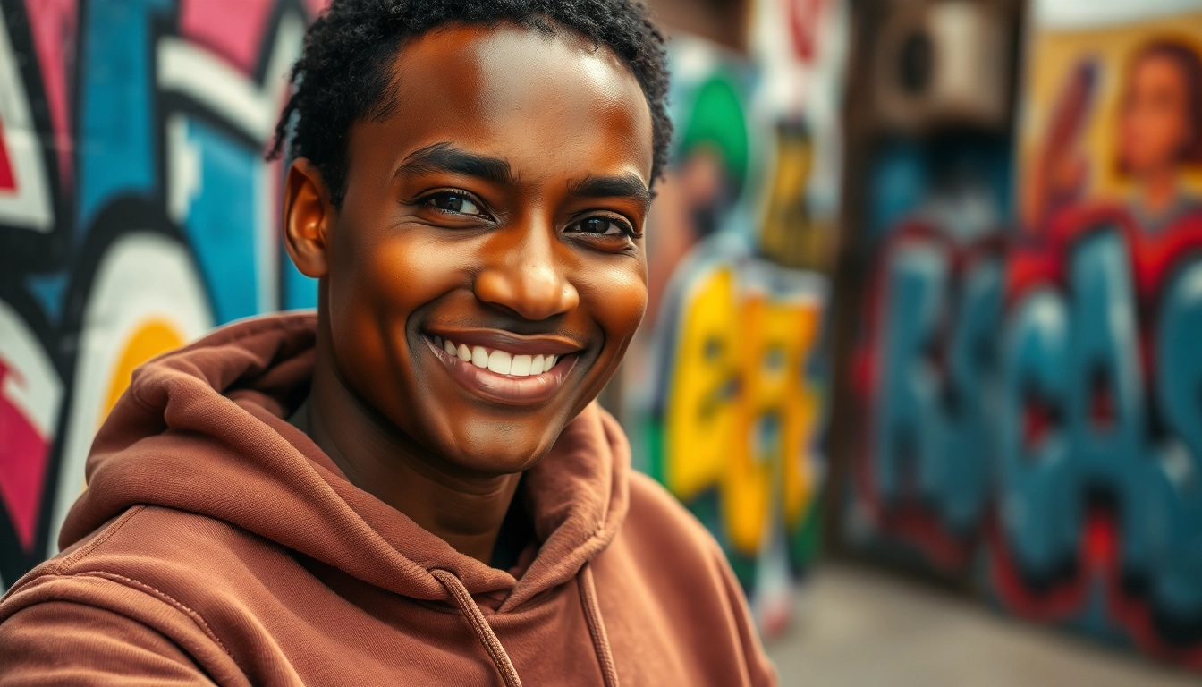 Stylish model showcasing plain hoodies in an urban backdrop with vibrant graffiti art.