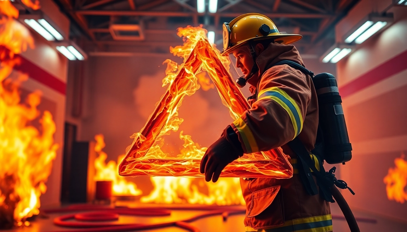 Fire tetrahedron active in a firefighting training scene showing flames and a firefighter.