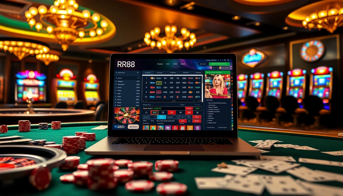 Engage in the online gambling thrill with a visual pointer to đăng ký rr88, highlighting a vibrant casino setting.