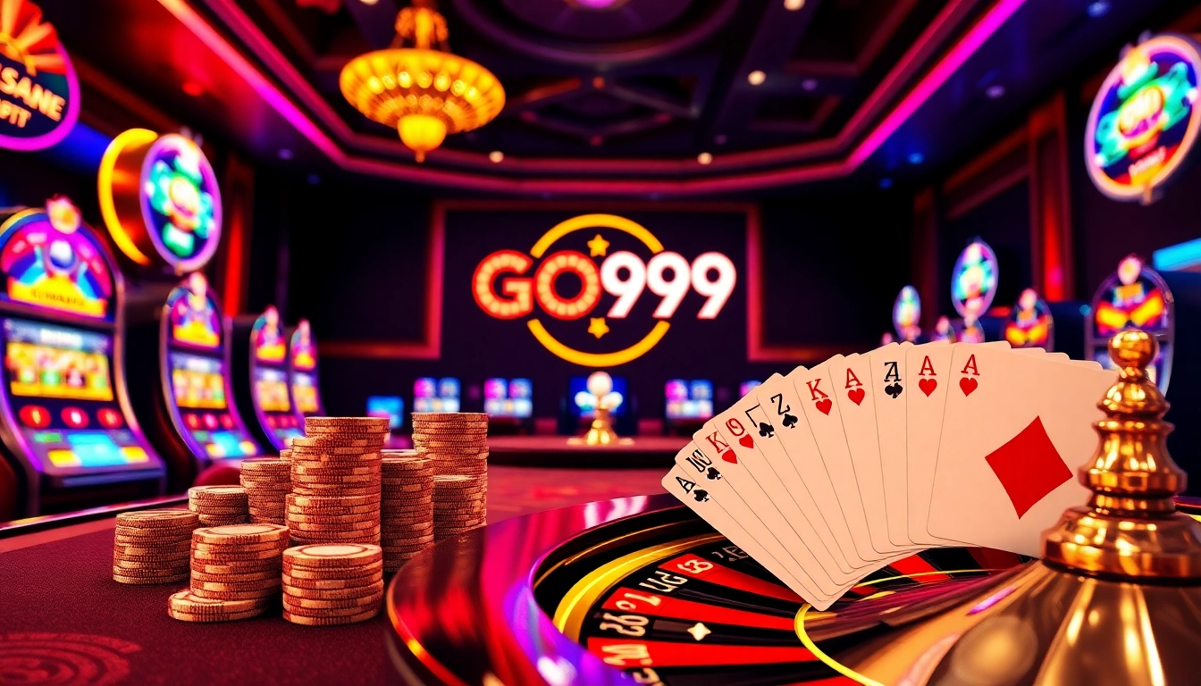Experience the thrill of excitement with GO99 at a luxurious casino table featuring vibrant slot machines and poker chips.