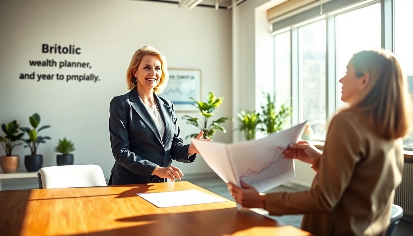 Wealth planner assisting clients in a contemporary office, creating personalized financial strategies.