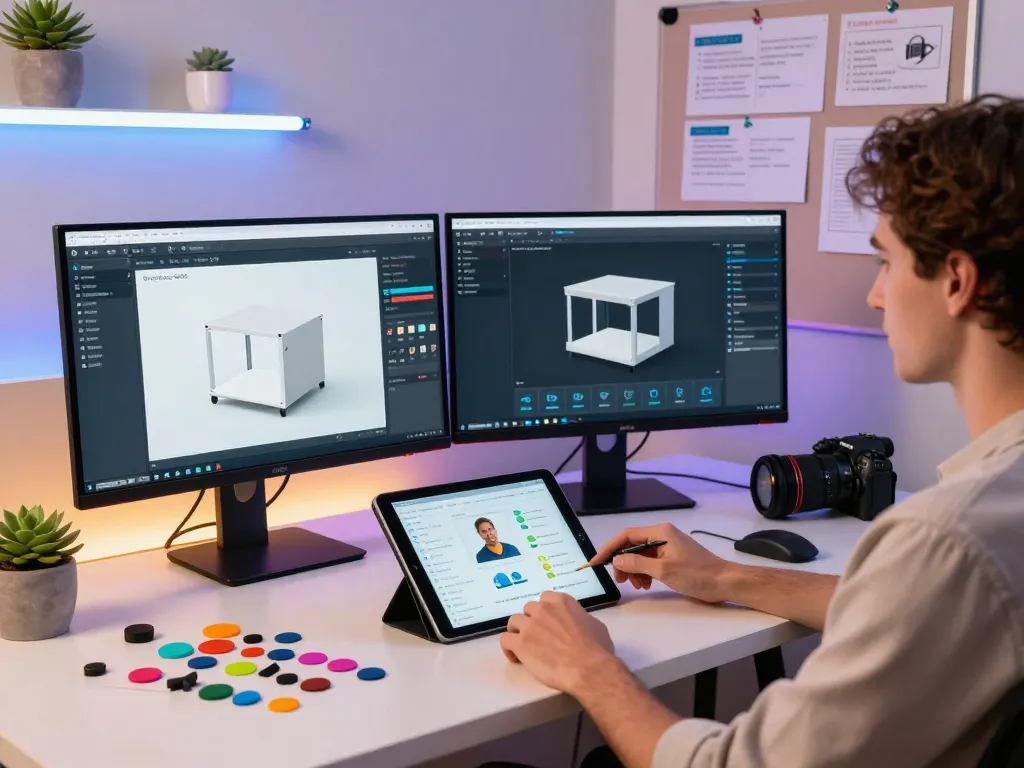 3D product configurator software demo in modern tech workspace with developers, interactive screens, and design notes