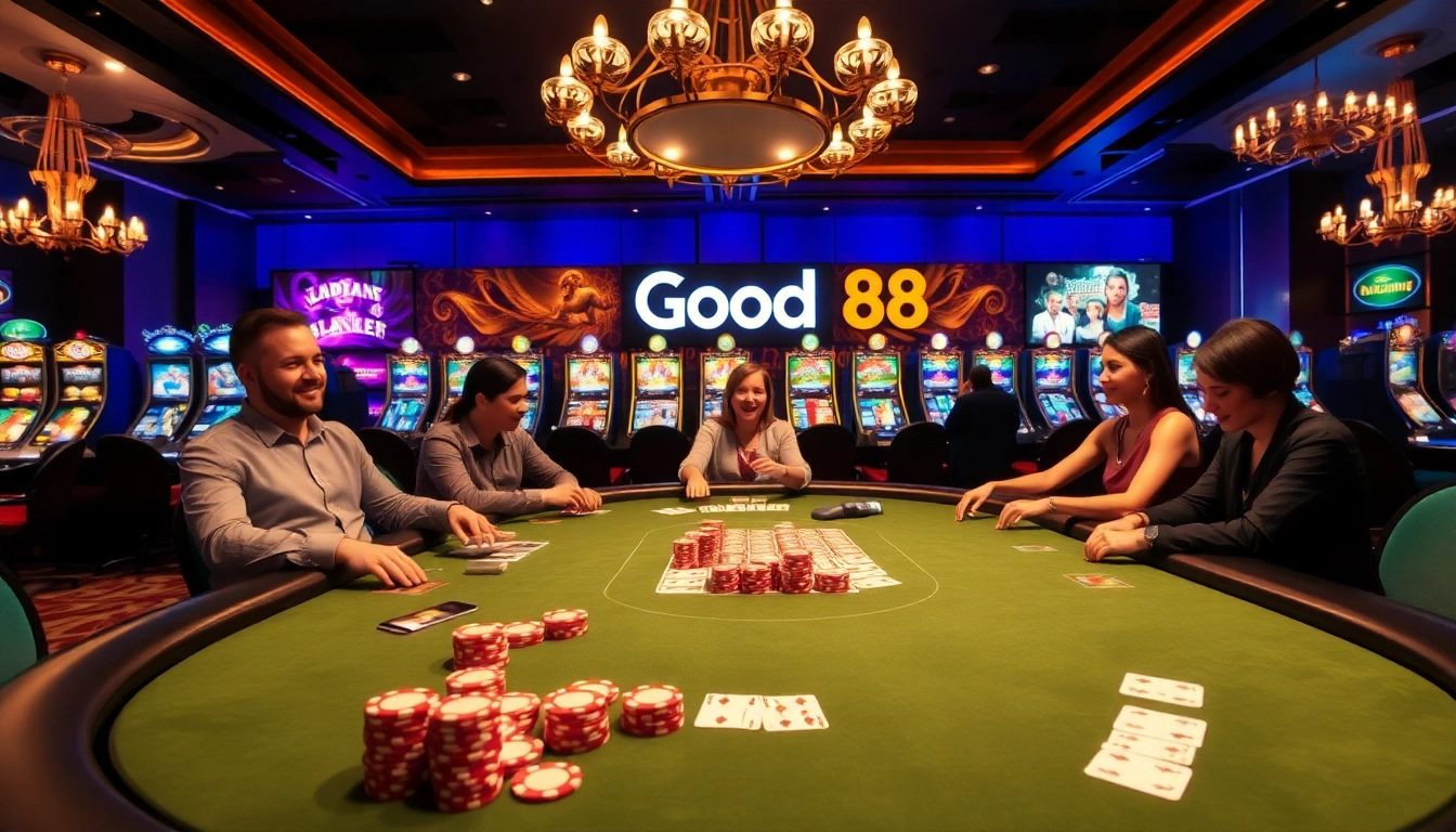 Good88 poker table surrounded by diverse players enjoying a thrilling gambling experience.