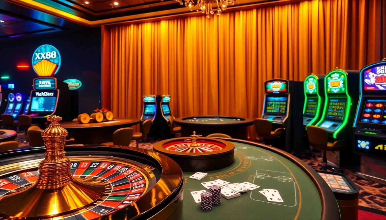 Experience the thrilling atmosphere at XX88 casino with lively gaming tables and slot machines.