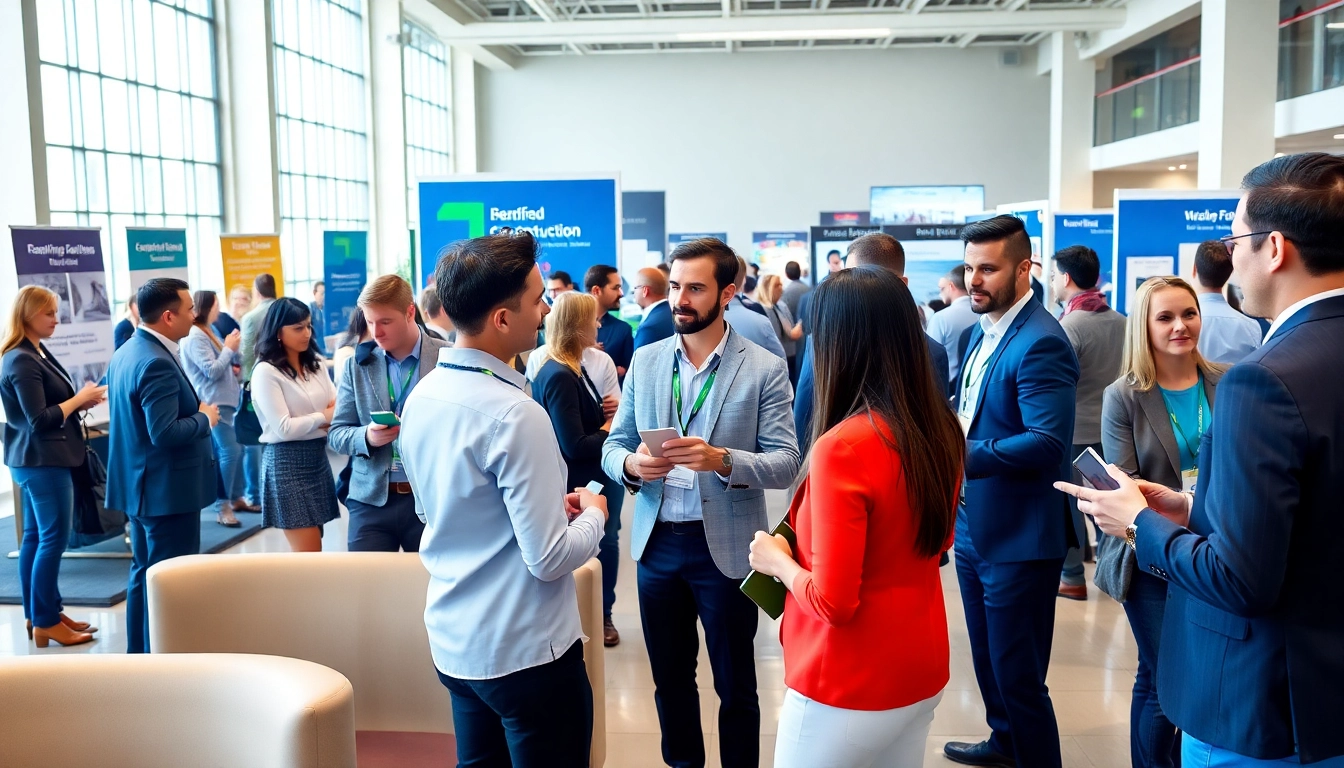 Attendees at construction networking events exchanging ideas and contacts in a vibrant environment.