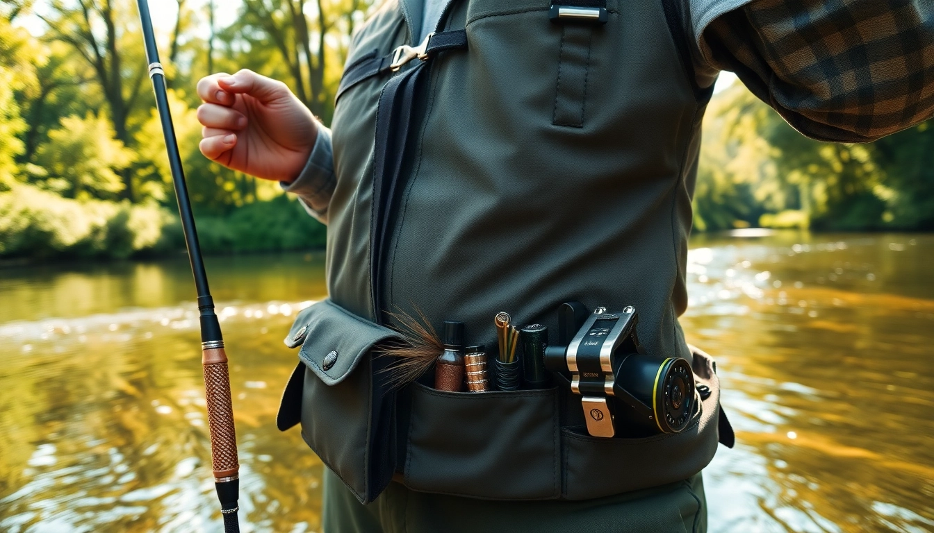 Angler showcasing fly fishing apparel amidst a serene riverbank setting with dappled sunlight.