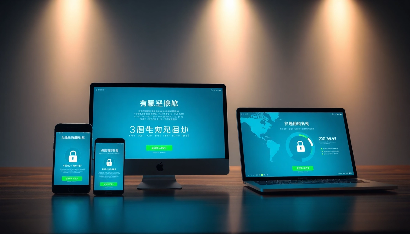 快连下载 界面，展示具备快速连接功能与安全锁的移动设备和桌面设备。