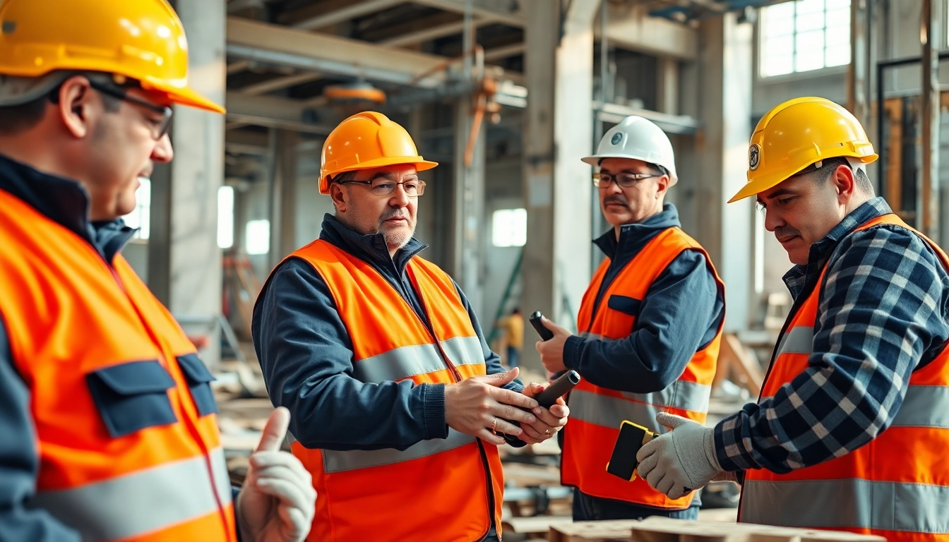 Workers participating in construction apprenticeship training with safety gear and tools, illustrating hands-on learning.