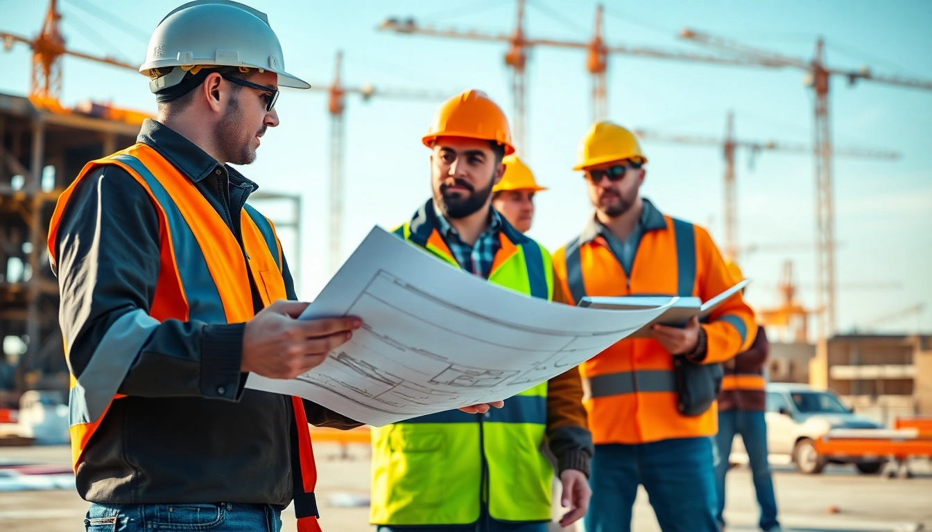 Construction career teamwork depicted with workers on a job site reviewing plans.