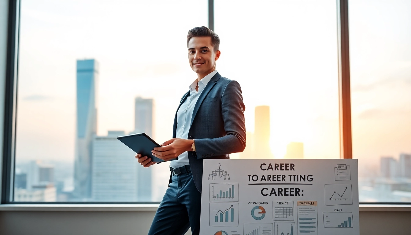 Illustration of an individual envisioning their ideal career in a bright office setting.