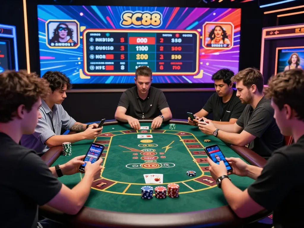 Engaged players at SC88e.com enjoying diverse online gambling activities with vibrant graphics and real-time betting.