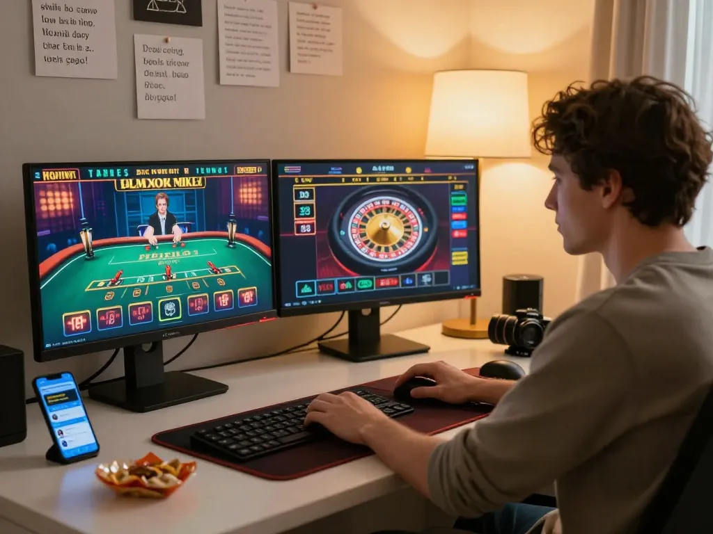 Engaged player using f168biz.com at home with dual monitors showing live dealer games and betting strategies.