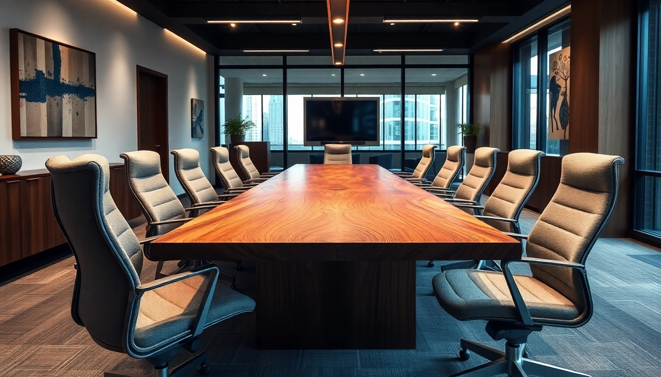 Handcrafted conference table made of solid hardwood in a modern meeting room.