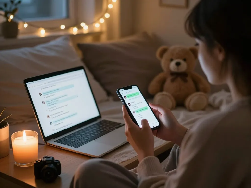 Engaging in free AI sex chat on a smartphone in a cozy bedroom setting, warm lights creating an inviting atmosphere.