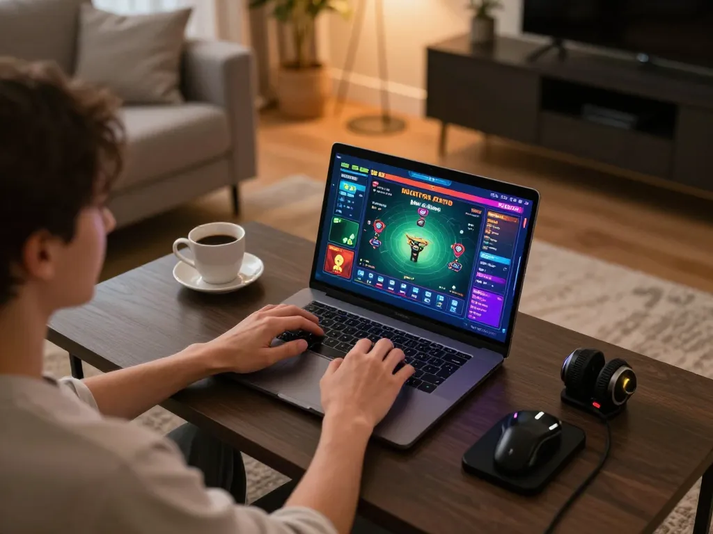 Engaged player exploring GO88 casino games on a stylish laptop in a cozy living room.