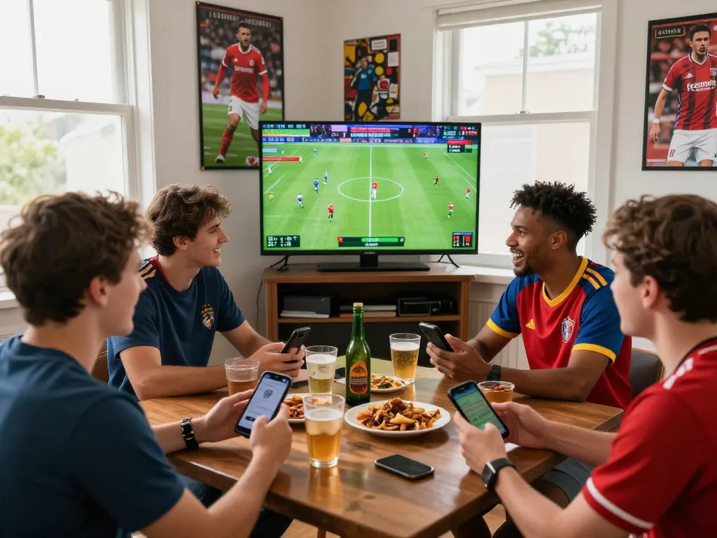 Friends enjoying live football betting at 1gom with excitement and screens.
