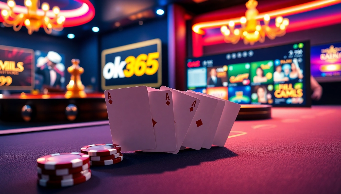 Engaging players in the game ok365 at a vibrant online casino with poker chips and roulette wheel.