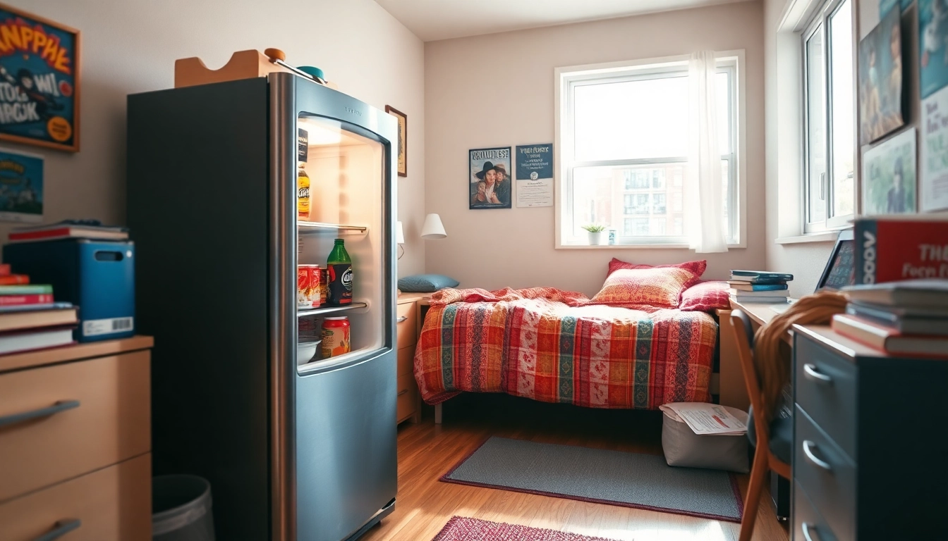 Stylish dorm room fridge filled with snacks in a cozy college dorm.