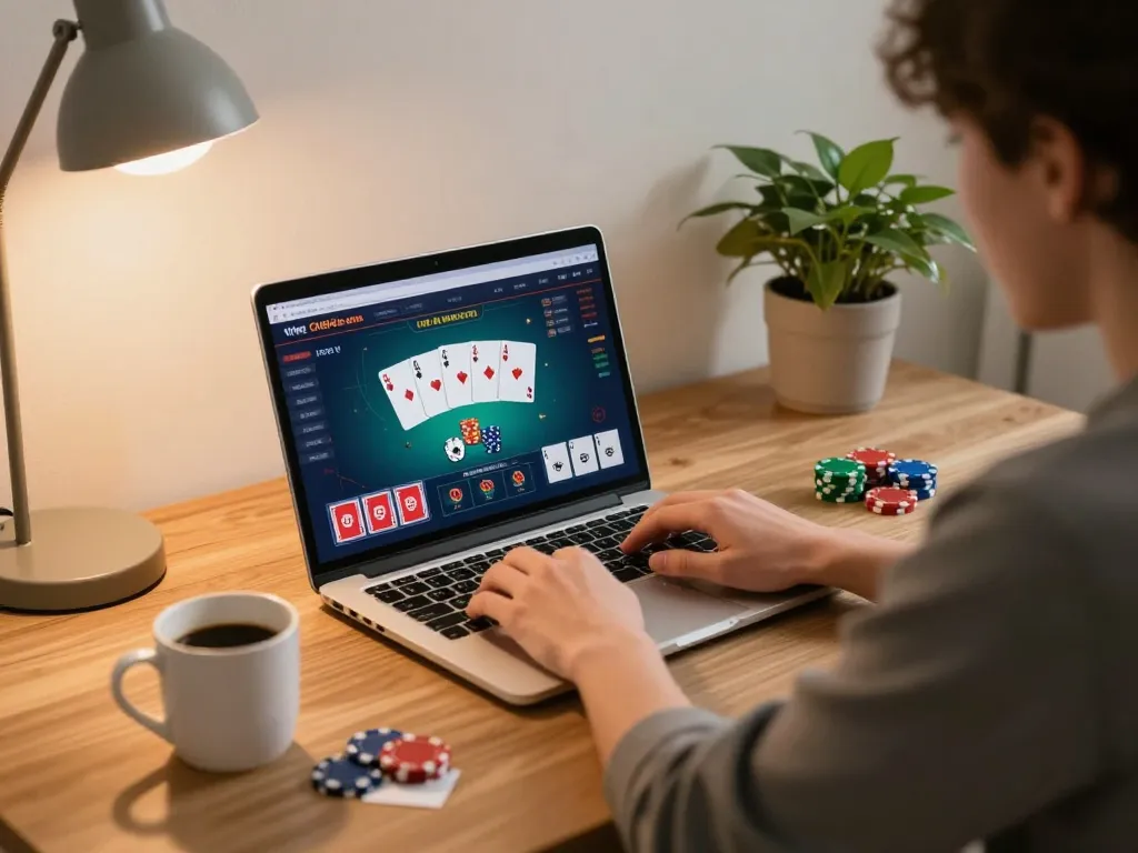 Player using CM88 online casino on laptop at home, showcasing an engaging poker interface.