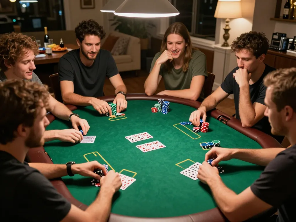 Intense poker game at a cozy home with players enjoying Bet88's thrilling atmosphere