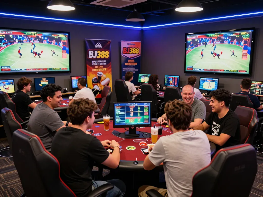 Engaging scene at BJ388 featuring friends live betting on rooster fights in a vibrant gaming lounge atmosphere.