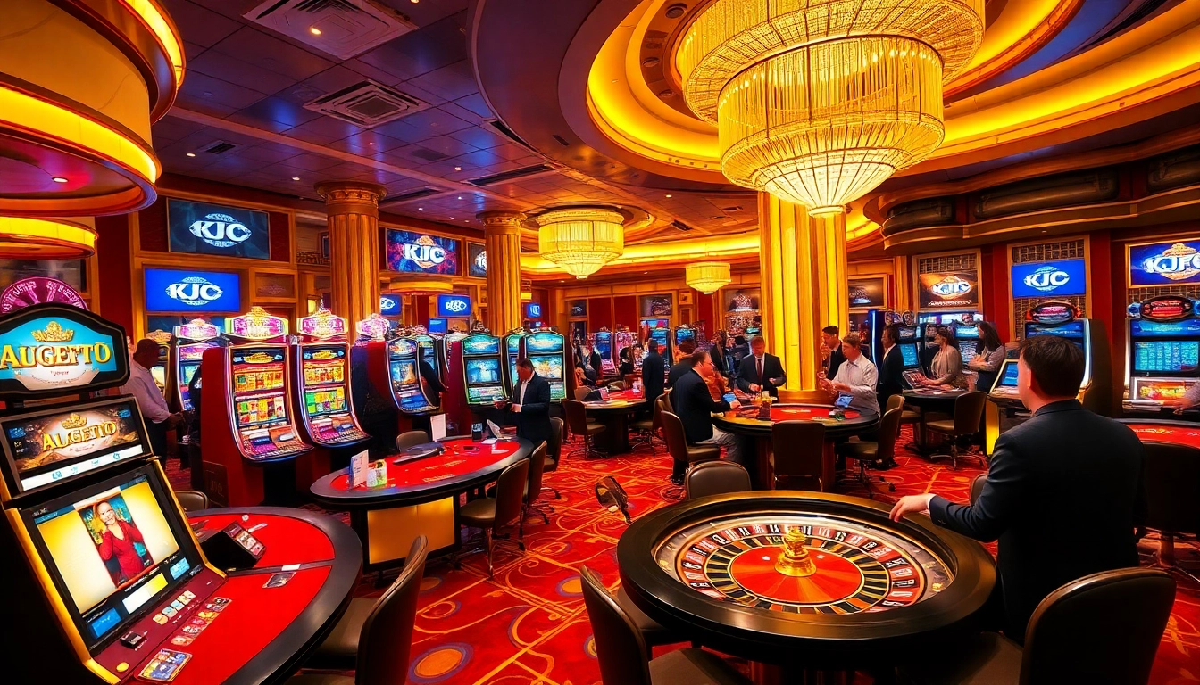 KJC casino scene with vibrant gaming tables and enthusiastic players enjoying high-stakes thrills.