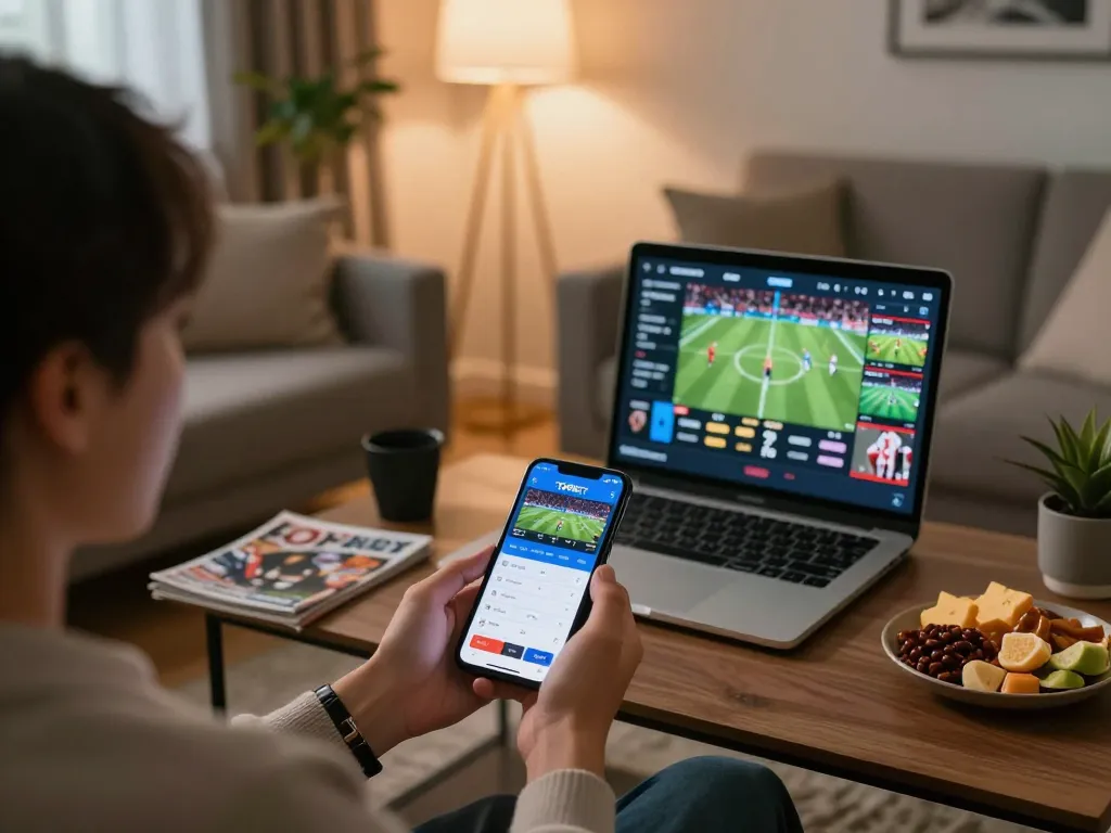 Engaging sports betting moment on the TOPBET app in a cozy living room setting