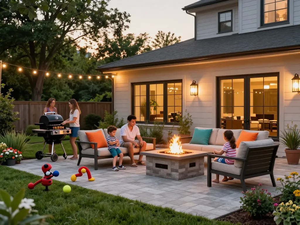 Paver installation near me showcasing a beautiful outdoor patio where a family enjoys a barbecue in West Chicago.