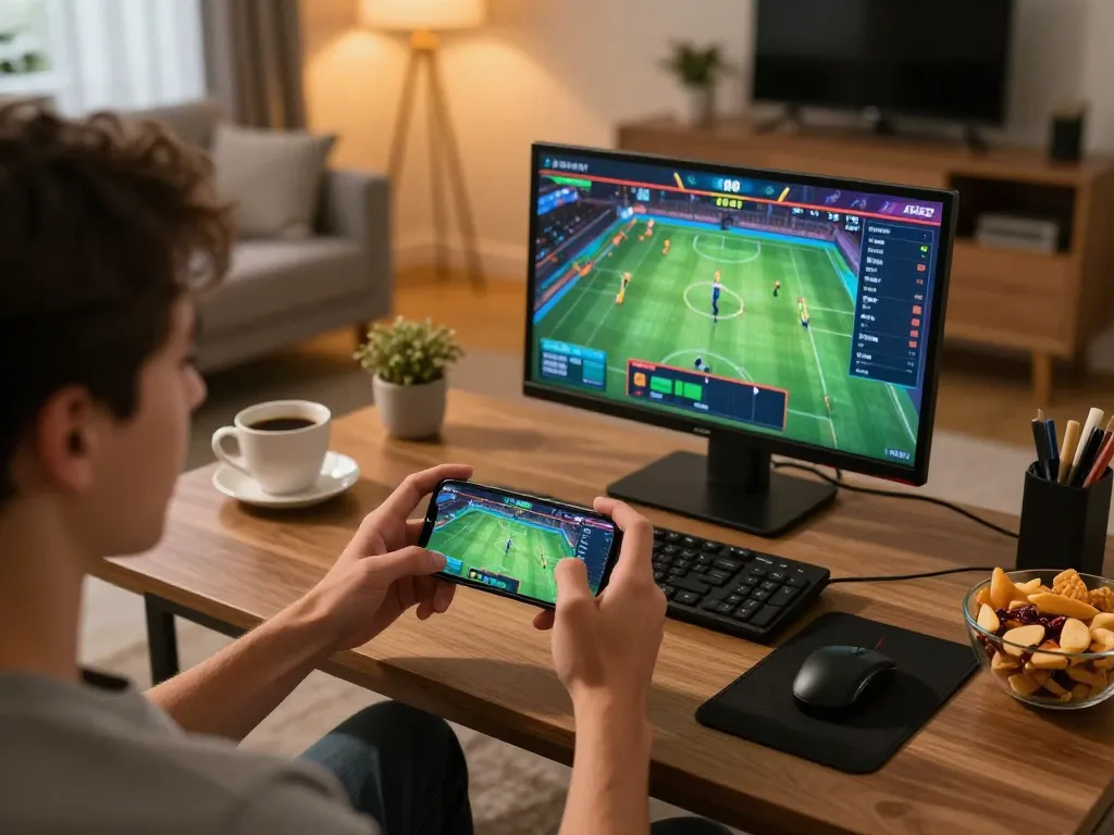 Engaged player using smartphone for sports betting on trang chủ fun79 in a cozy living room setup.