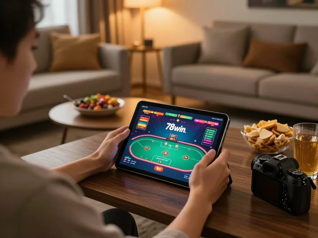 Engaging online gaming scene featuring 78win with a player enjoying a poker game on a tablet in a cozy setting