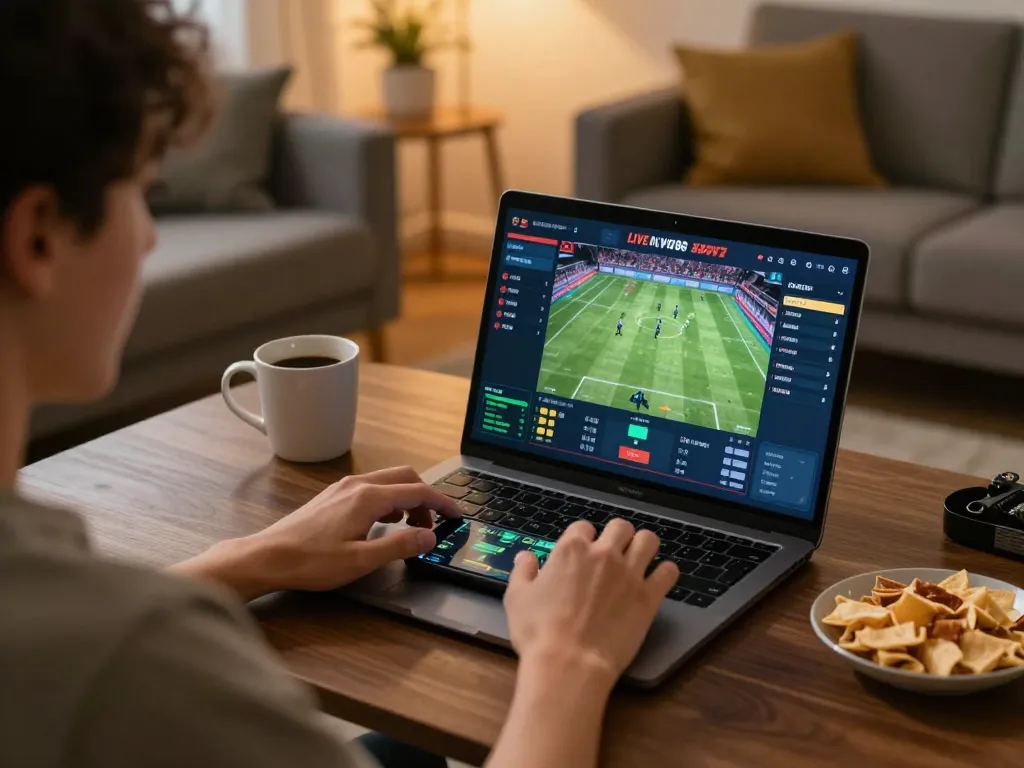 CAKHIATV live sports betting setup with user engaging through laptop and smartphone in a cozy setting.