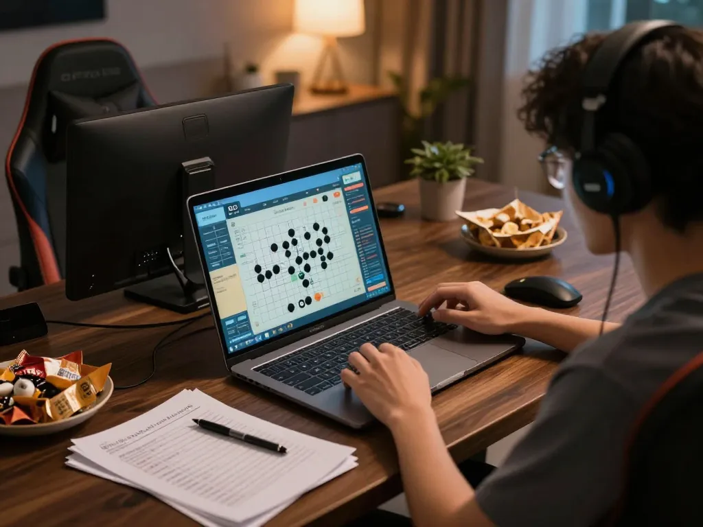 Playing Go 88 on a laptop in a cozy home gaming setup with analysis notes
